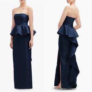 NEW ALFRED SUNG Midnight BLUE Strapless RUFFLE Peplum SATIN Column GOWN 12